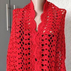 Handmade Red Crochet Wool Shawl Wrap Scarf